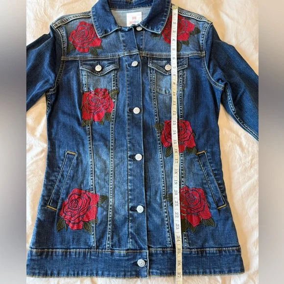 Blue Denim Jacket with Red Floral Embroidery Size Small - Picture 6 of 9